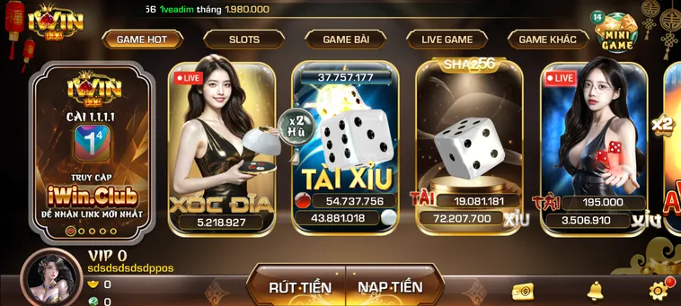 Sảnh game Iwin Club đa dạng thể loại giao diện hiện đại thu hút người chơi.